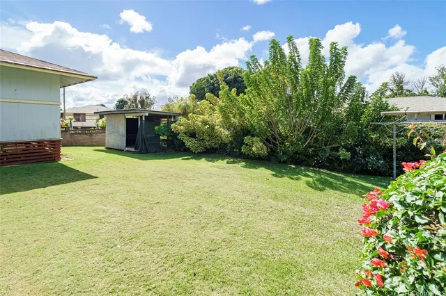 a view of a backyard with potted plants and a fountain