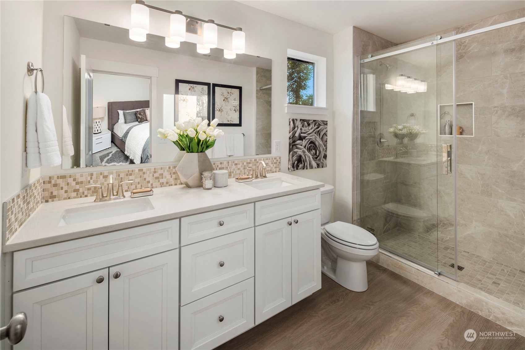 10969 Lot 8 Se 165th Street Renton, WA 98055 - Photo 25 of 38 a bathroom with a granite countertop sink a toilet and a mirror