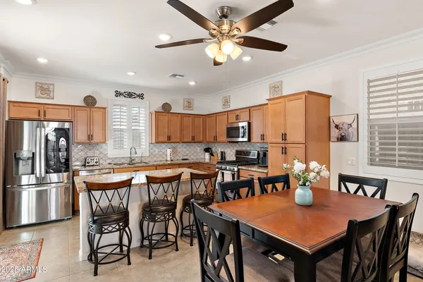a view of a dining room with furniture