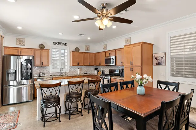 a view of a dining room with furniture