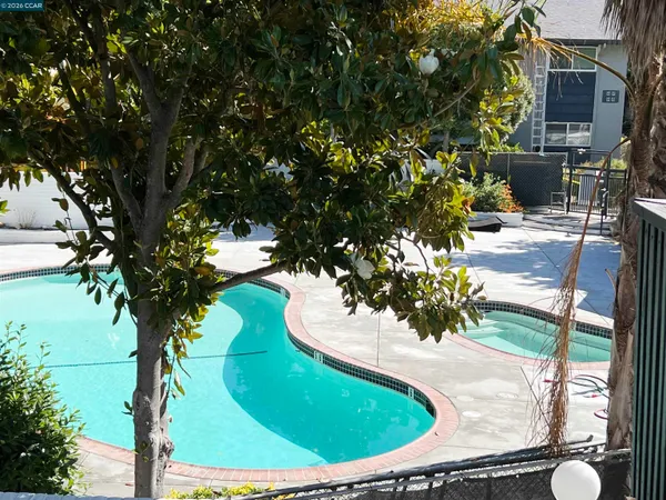 a view of a swimming pool with a patio