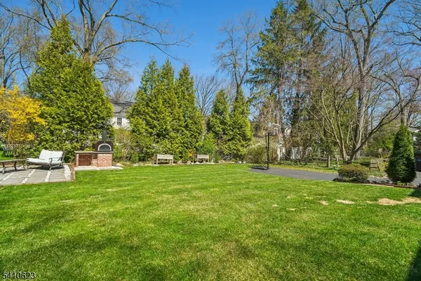 a view of a backyard with large trees