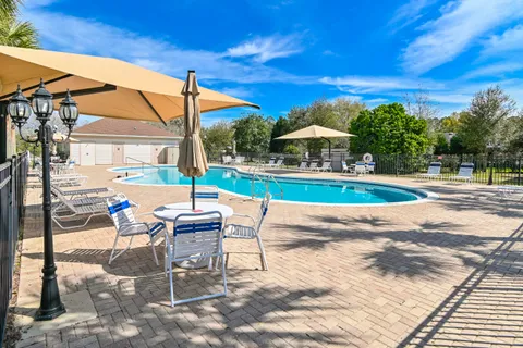 swimming pool view with a garden space
