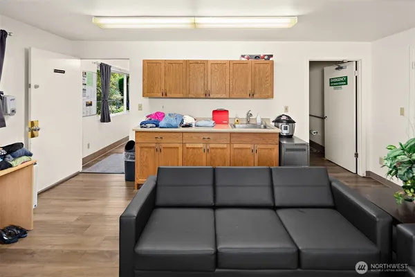 a living room with a couch and a potted plant