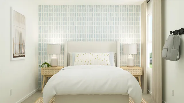 a bedroom with a bed and glass window