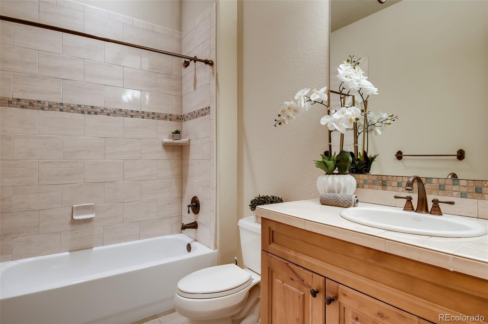 1265 Silver Rock Lane Evergreen, CO 80439 - Photo 25 of 35 a bathroom with a granite countertop sink a toilet and shower