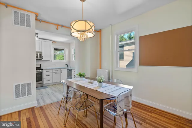 a view of a dining room with furniture