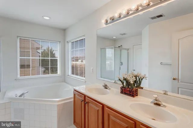 a bathroom with a tub sink and mirror