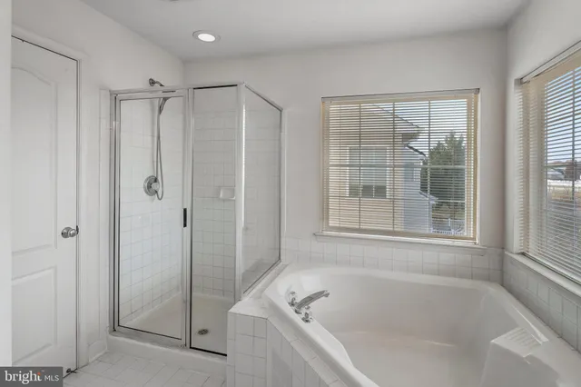 a bathroom with a shower a bathtub and a shower