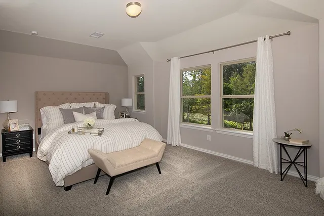 a bedroom with a bed and a window