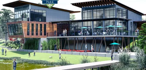 a view of a garden with a fountain