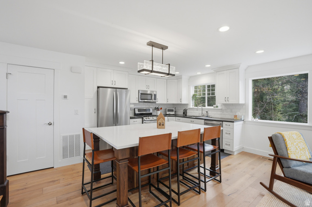 2450 Snake Creek Road Midway, UT 84049 - Photo 7 of 34 Dual tone kitchen with a center island, light wood-style flooring, stainless steel appliances, a breakfast bar, and two tone cabinetry