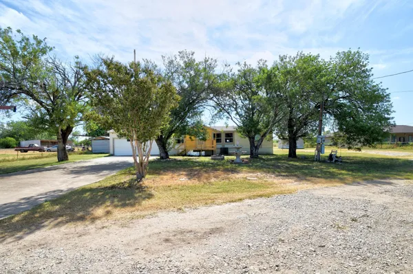 a view of a yard with plants and trees
