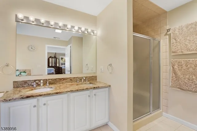 a bathroom with a granite countertop sink a mirror and a shower