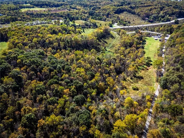 an aerial view of residential houses with outdoor space and trees