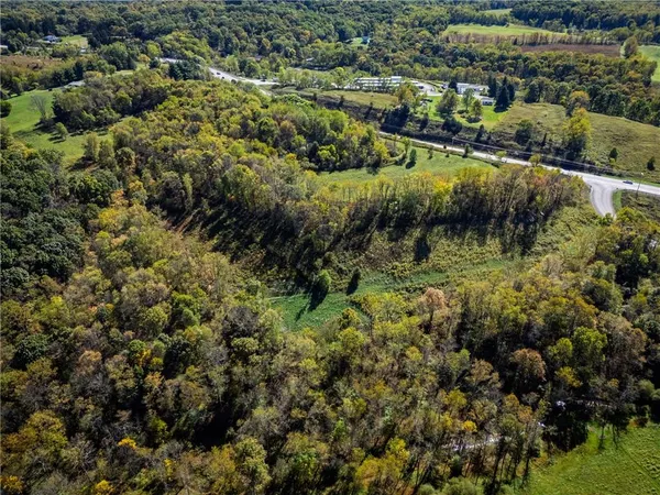 an aerial view of residential houses with outdoor space and trees
