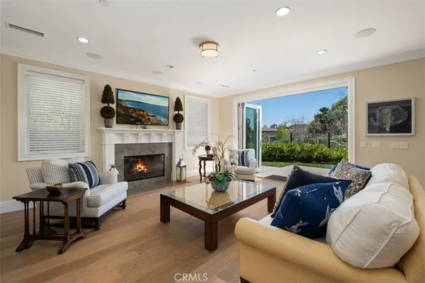 a living room with furniture a fireplace and a flat screen tv