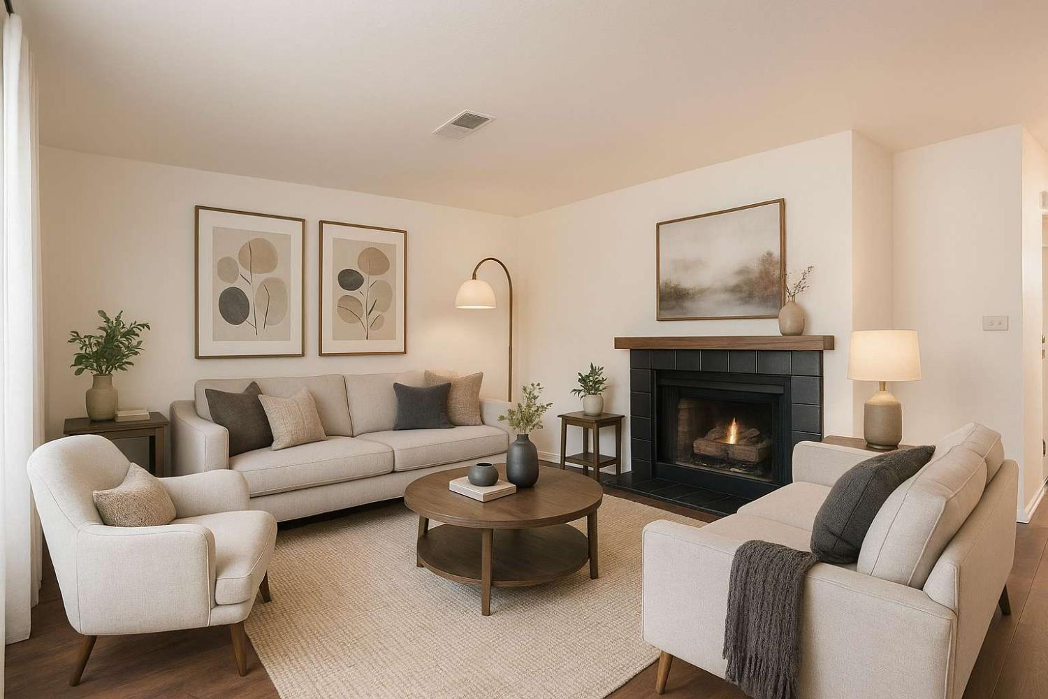 a living room with furniture and a fireplace