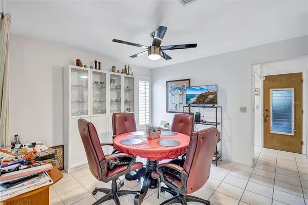 a view of a dining room with furniture