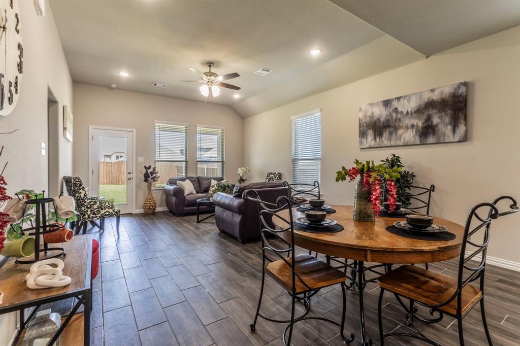 626 Ruthye Lane Pilot Point, TX 76258 - Photo 2 of 28 Dining room featuring wood finish floors, recessed lighting, lofted ceiling, and a ceiling fan