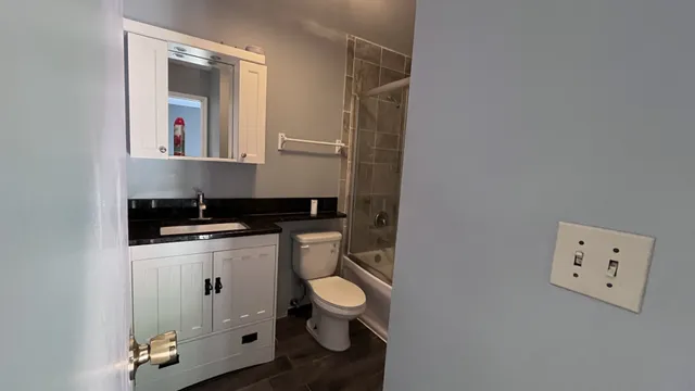 a bathroom with a toilet sink and mirror