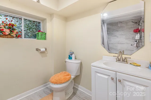 a bathroom with a sink mirror vanity and toilet