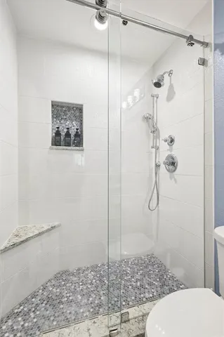 a bathroom with a shower and toilet
