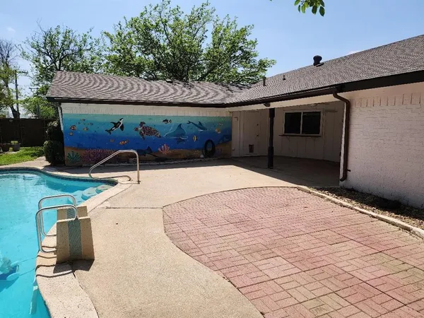 a view of backyard with potted plants and large trees
