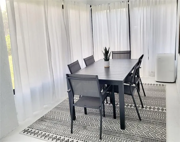 a view of a dining room with furniture and window