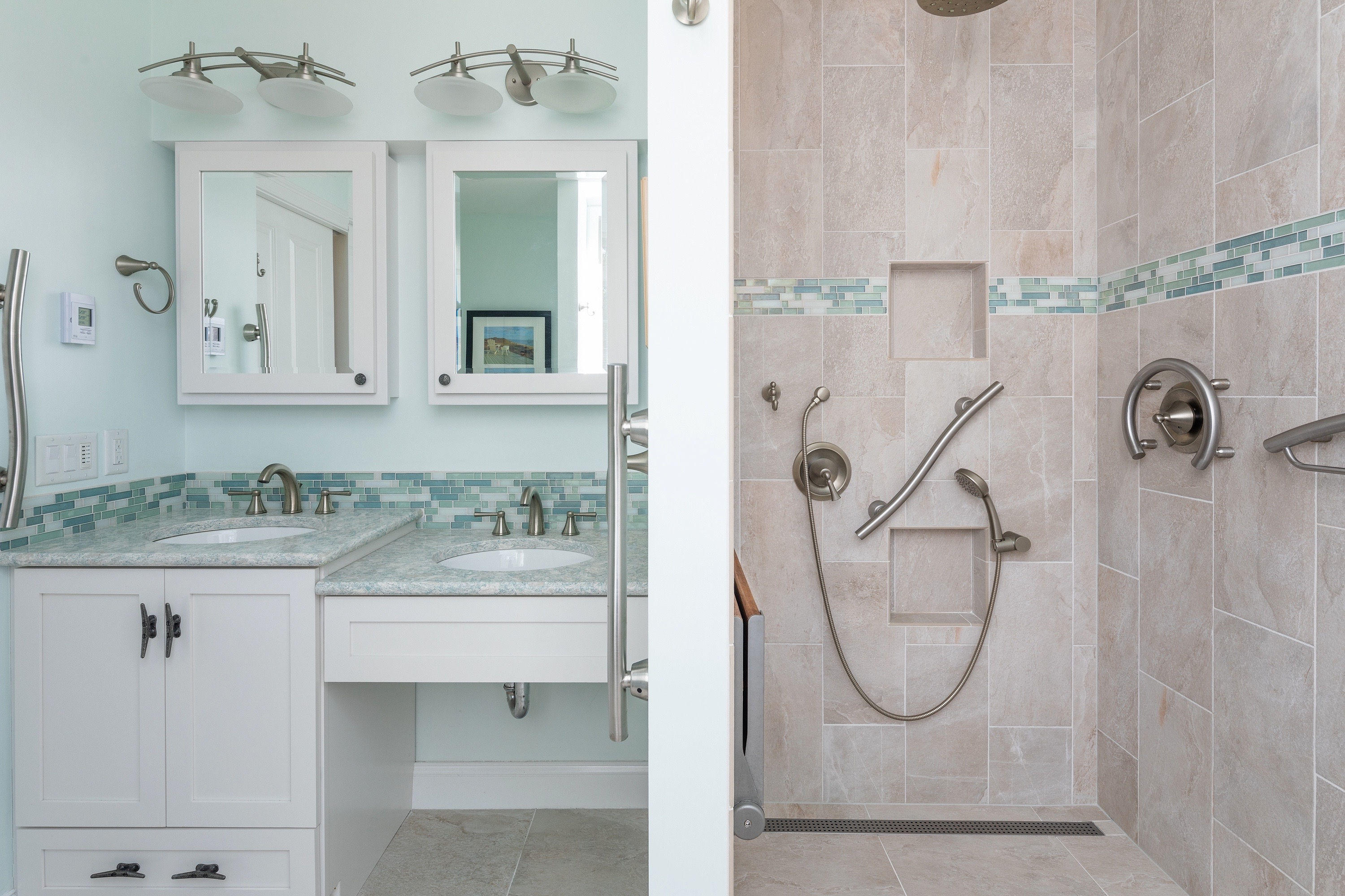 4 Yellow Brick Road Truro, MA 02666 - Photo 24 of 31 a bathroom with a granite countertop shower a mirror and a sink