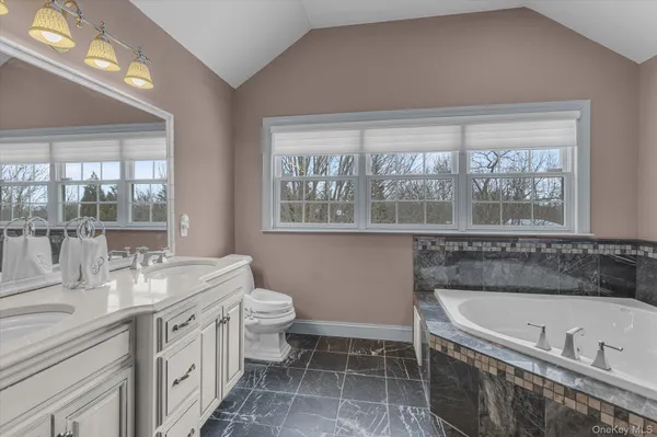 a bathroom with a granite countertop bathtub sink vanity mirror and toilet