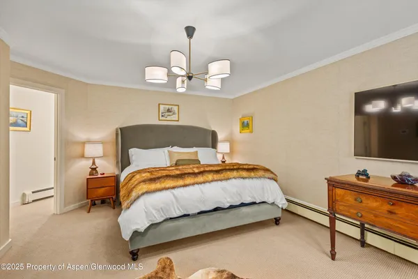 a bedroom with bed and flat screen tv