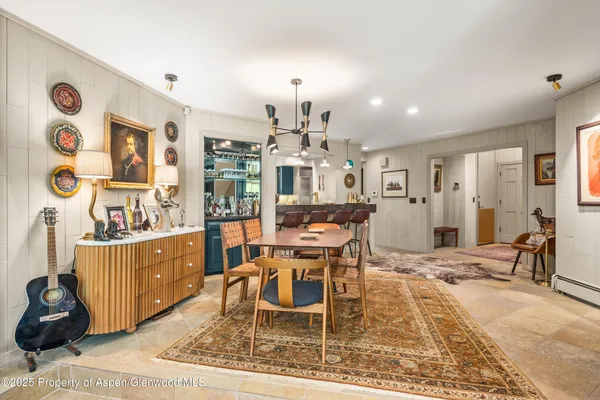 a view of a dining room with furniture
