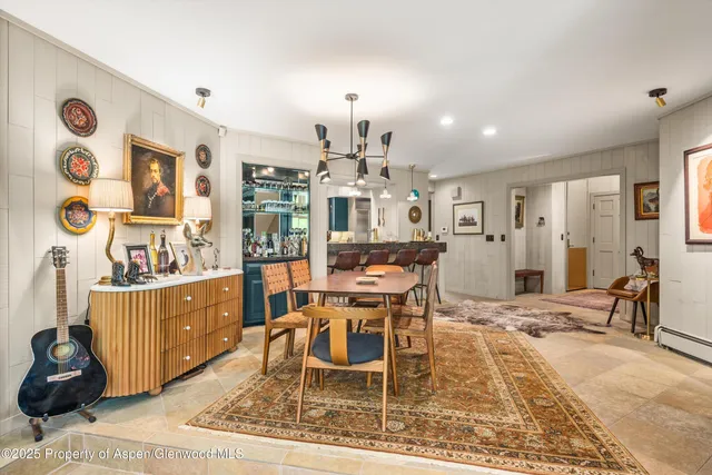a view of a dining room with furniture