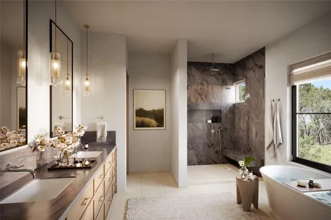 a bath room with shower