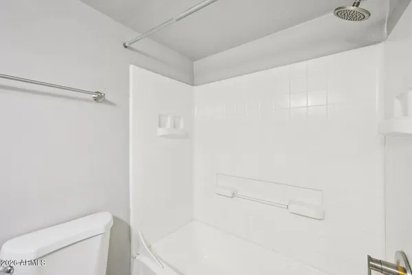 a bathroom with a shower and a toilet