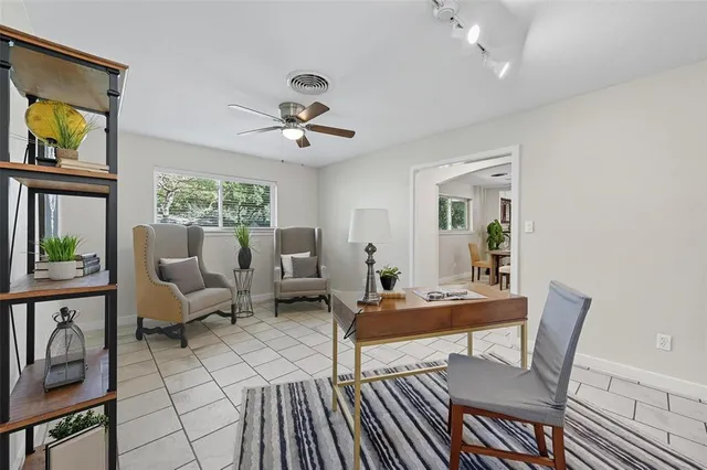a living room with furniture and a potted plant