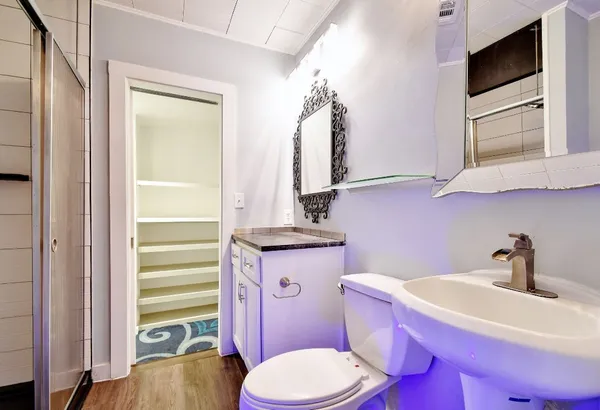 a bathroom with a sink toilet mirror and vanity