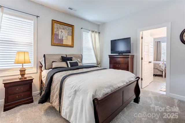 a bedroom with a bed and a television