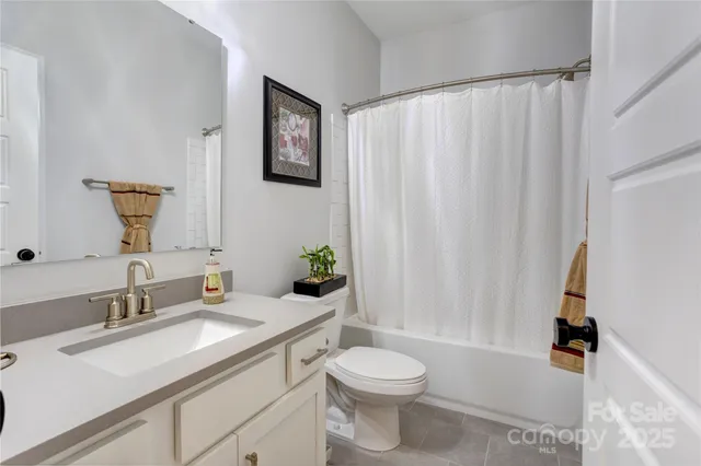 a bathroom with a sink a toilet and shower curtain