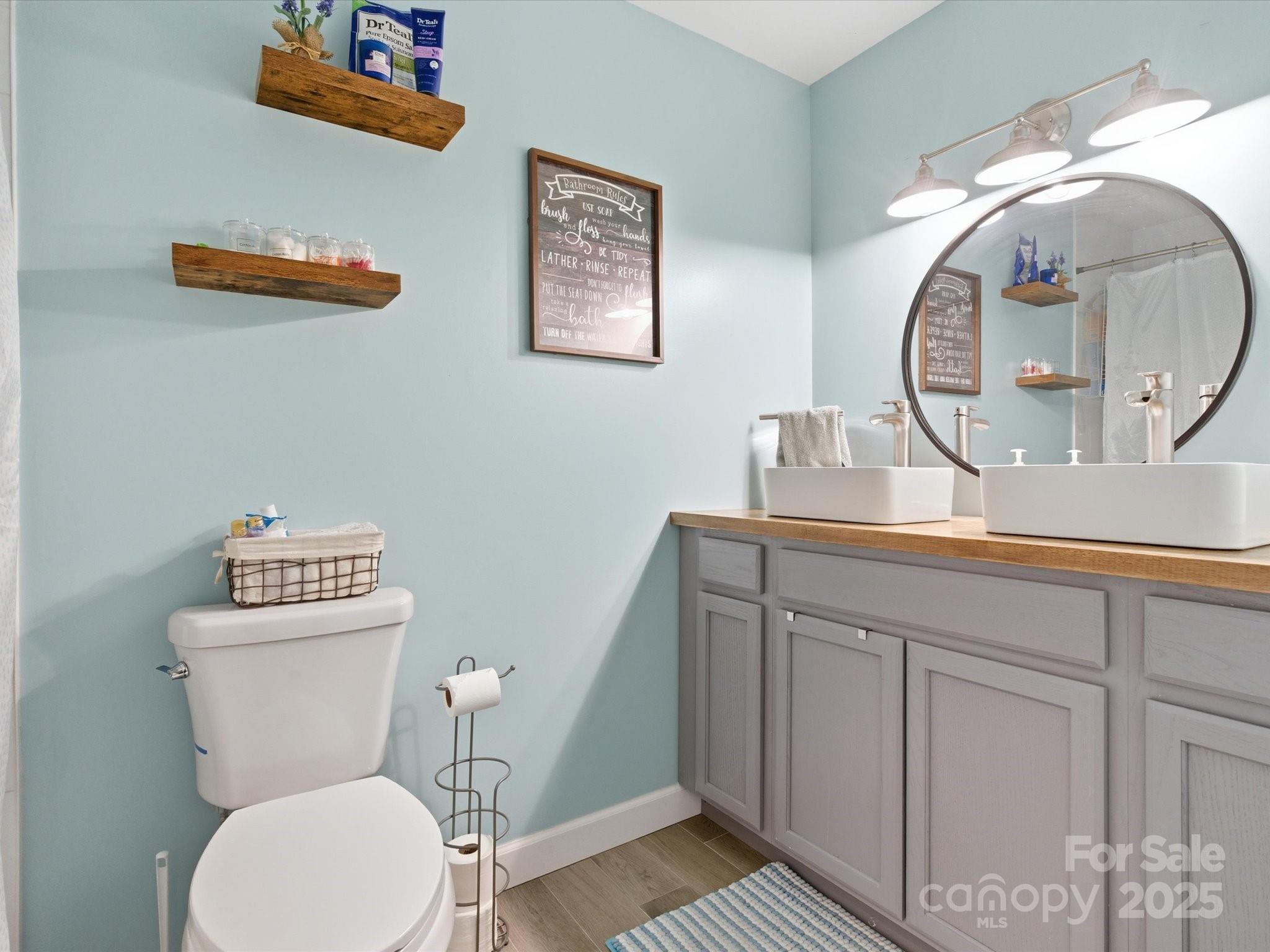 9941 Ferguson Road Charlotte, NC 28227 - Photo 19 of 29 a bathroom with a toilet a sink and mirror
