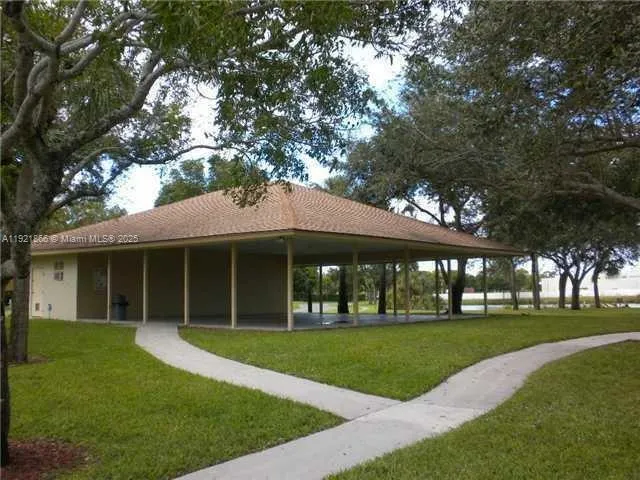 a view of a park with slide
