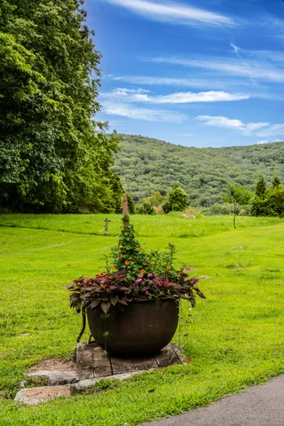 a view of a lake with a swimming pool