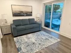 a living room with a couch and a rug