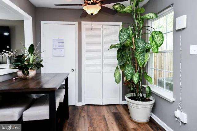 a view of a flower pot on a table with wooden floor