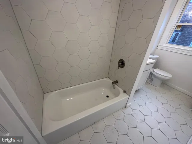a bathroom with a bathtub and a toilet