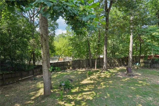 a backyard of a house with lots of plants and large tree