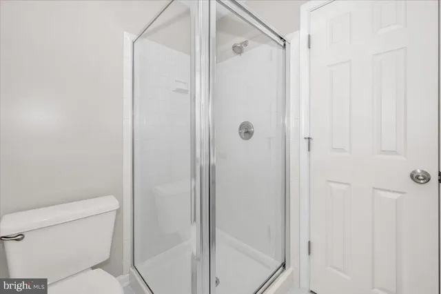 a bathroom with a shower and a toilet