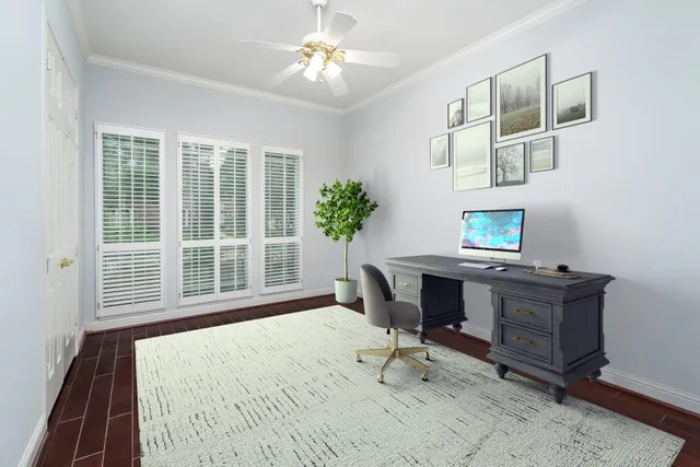 a workspace with furniture and a window