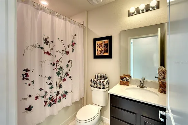 a bathroom with a sink a toilet and shower curtain